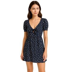 Forever 21 Dress A Line Floral Mini Short Sleeve Zip Womens S Navy Fit And Flare